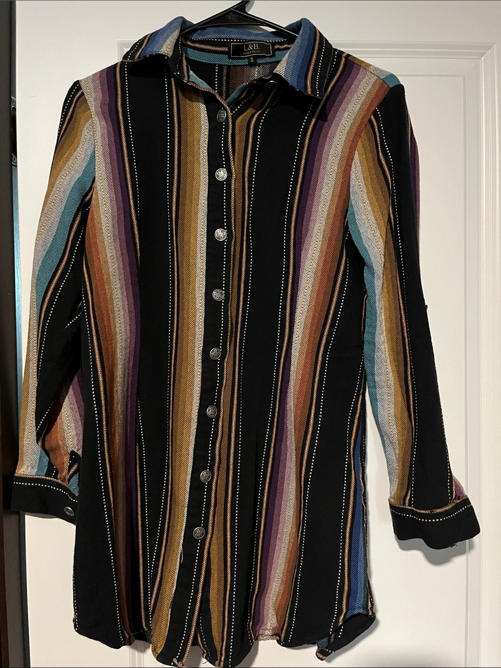 L&B Black Button-Front Shirt with Multicolor Vertical Stripes